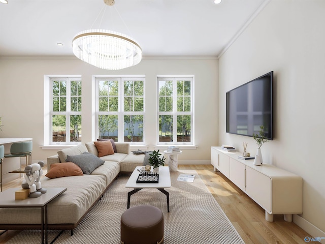 6103C Randolph Ave Unit 3C, Huntsville, AL 35801 - living room with plenty of natural light, ornamental molding, light wood-type flooring, recessed lighting, and a chandelier