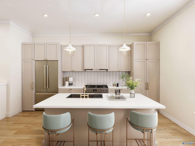 6103C Randolph Ave Unit 3C, Huntsville, AL 35801 - kitchen with stainless steel appliances, a sink, a breakfast bar, light countertops, and ornamental molding