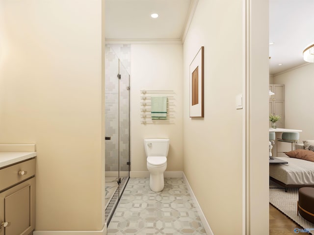 6103C Randolph Ave Unit 3C, Huntsville, AL 35801 - ensuite bathroom with a stall shower, crown molding, vanity, toilet, and recessed lighting