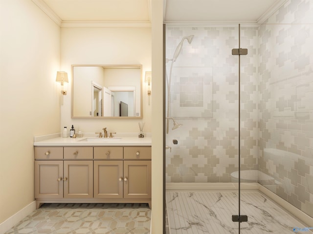 6103C Randolph Ave Unit 3C, Huntsville, AL 35801 - full bathroom with vanity, a tile shower, crown molding, tile patterned flooring, and baseboards