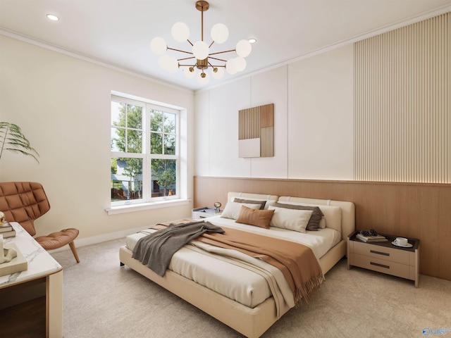 6103C Randolph Ave Unit 3C, Huntsville, AL 35801 - bedroom featuring ornamental molding, a chandelier, light carpet, and wainscoting