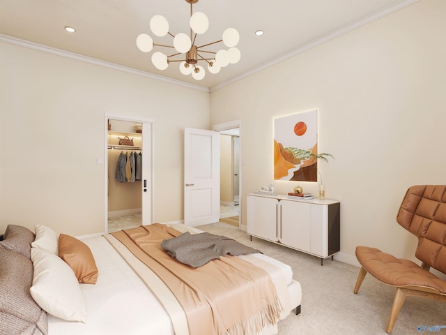6103C Randolph Ave Unit 3C, Huntsville, AL 35801 - bedroom featuring ornamental molding, light colored carpet, a chandelier, a spacious closet, and baseboards