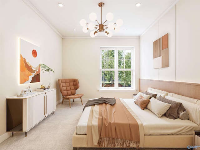 6103C Randolph Ave Unit 3C, Huntsville, AL 35801 - bedroom featuring crown molding, light colored carpet, a chandelier, recessed lighting, and baseboards