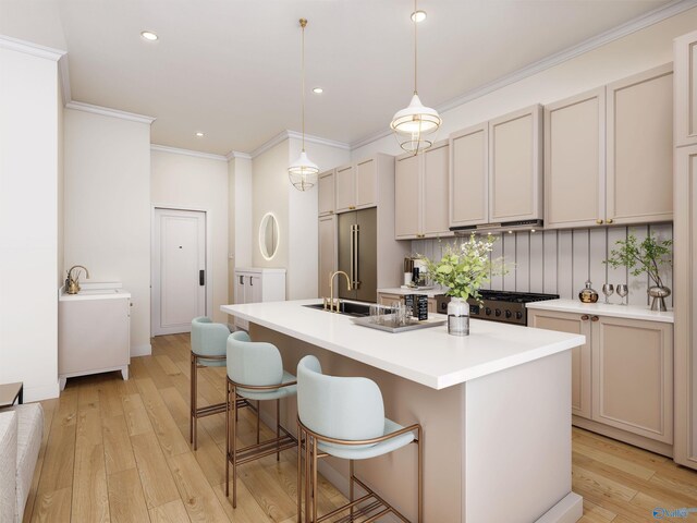 6103C Randolph Ave Unit 3C, Huntsville, AL 35801 - kitchen with a sink, high end fridge, crown molding, light wood-style flooring, and a center island with sink