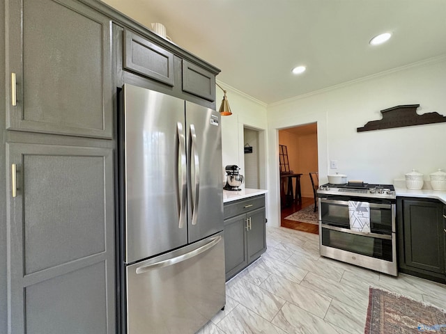 kitchen with appliances with stainless steel finishes, recessed lighting, marble finish floor, and crown molding