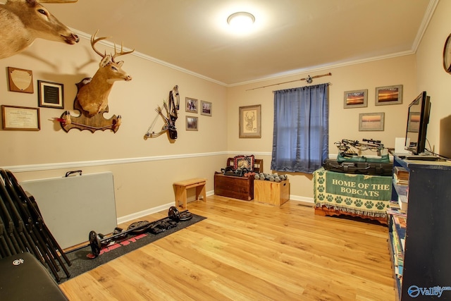 interior space featuring baseboards, crown molding, and wood finished floors