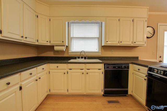 kitchen with stove, a sink, ornamental molding, light wood-type flooring, and dishwasher
