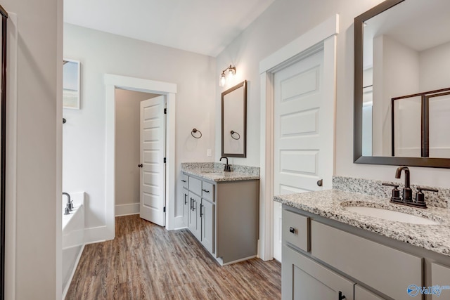 bathroom with a bath, hardwood / wood-style flooring, and dual bowl vanity