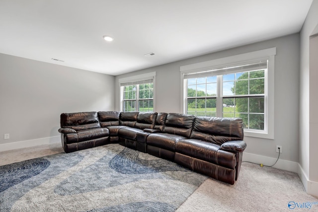 living room with plenty of natural light and carpet floors