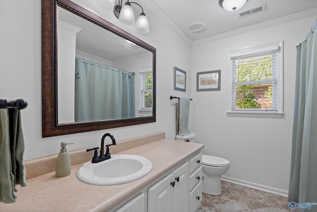 full bathroom featuring plenty of natural light, vanity, visible vents, and crown molding