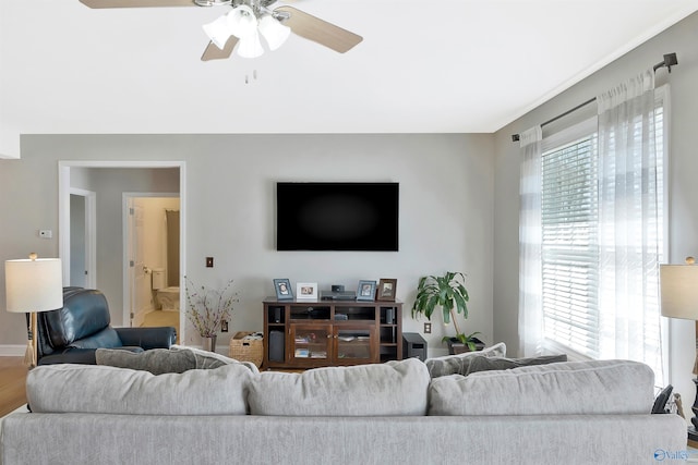 living area with wood finished floors, a ceiling fan, and baseboards