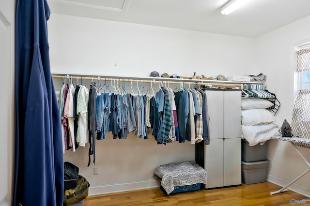 walk in closet with attic access and wood finished floors