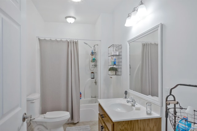 bathroom with toilet, shower / tub combo with curtain, tile patterned flooring, and vanity