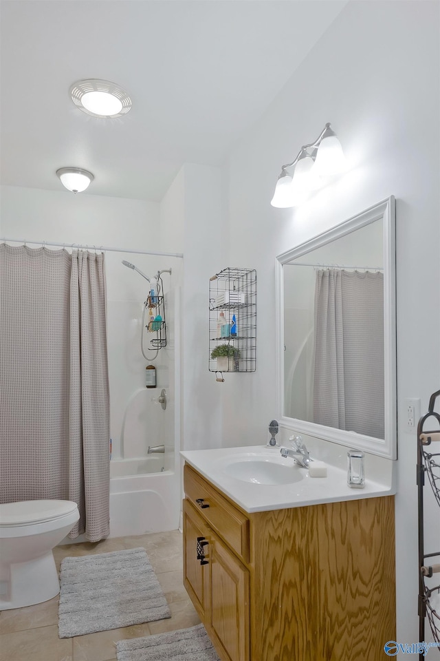 full bathroom featuring vanity, toilet, shower / bath combination with curtain, and tile patterned flooring
