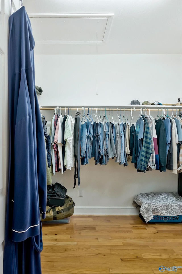 walk in closet featuring attic access and wood finished floors