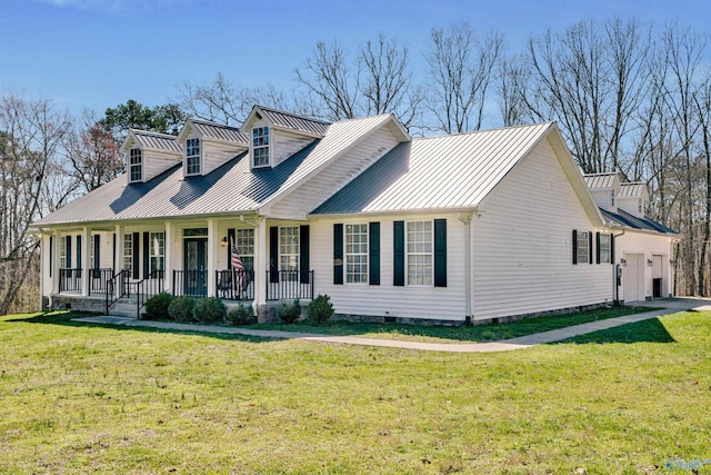 cape cod home with covered porch, a front lawn, and metal roof