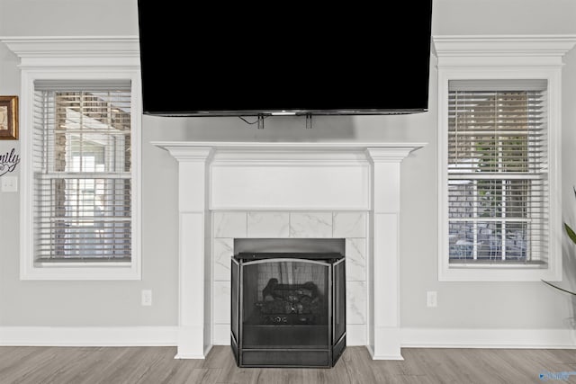 room details with a tile fireplace and hardwood / wood-style flooring