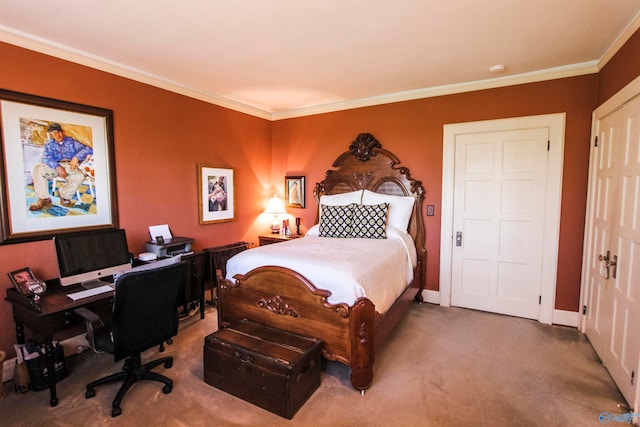 carpeted bedroom with ornamental molding