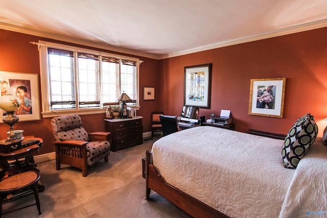 bedroom with carpet flooring and ornamental molding