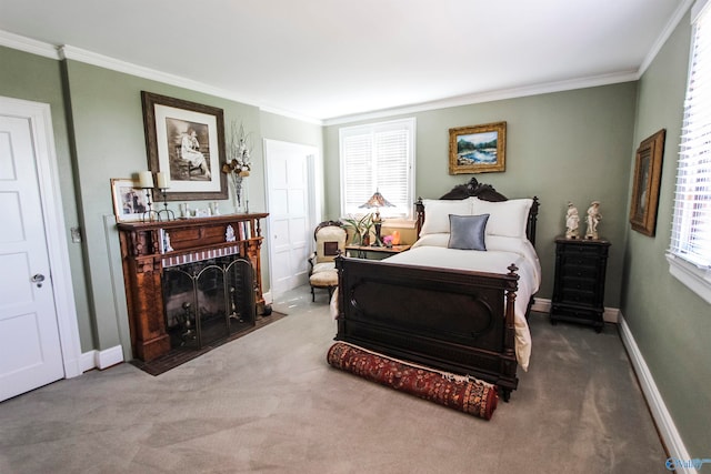 carpeted bedroom with ornamental molding