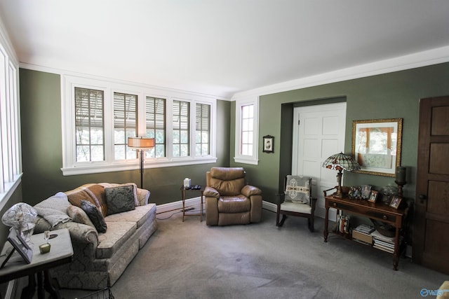 carpeted living room with ornamental molding