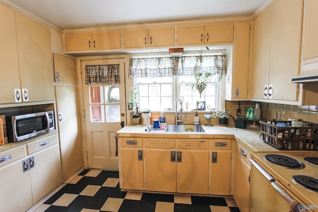 kitchen with stainless steel microwave, tile counters, dark floors, and a sink