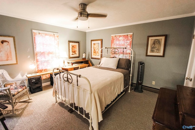 carpeted bedroom with ceiling fan and crown molding