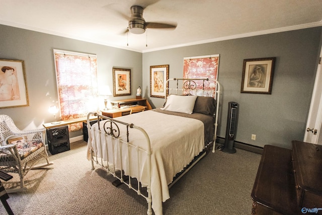 carpeted bedroom with baseboards, ceiling fan, and crown molding