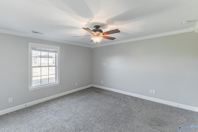 spare room featuring ceiling fan, carpet, and crown molding