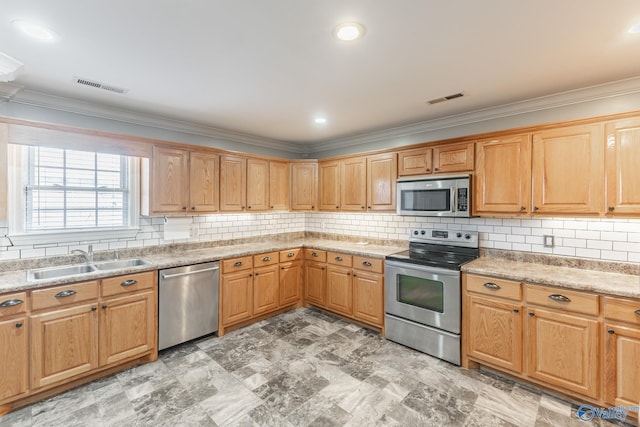 kitchen featuring tasteful backsplash, sink, stainless steel appliances, and ornamental molding