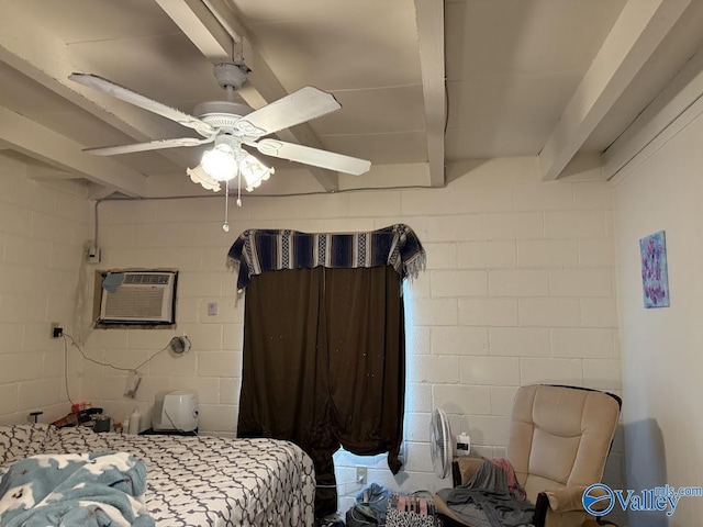 3004 SW Clopton St Unit 28, Huntsville, AL 35805 - bedroom featuring beam ceiling, a wall mounted air conditioner, concrete block wall, and a ceiling fan