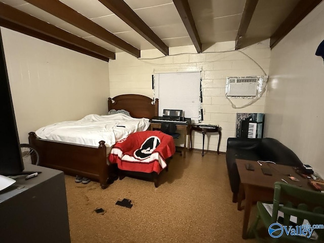 3004 SW Clopton St Unit 28, Huntsville, AL 35805 - bedroom with a wall unit AC, concrete block wall, and beam ceiling
