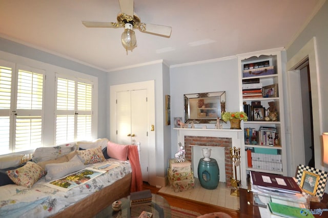 bedroom with multiple windows, ornamental molding, and ceiling fan