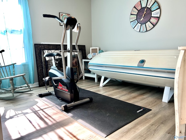 workout room with hardwood / wood-style floors