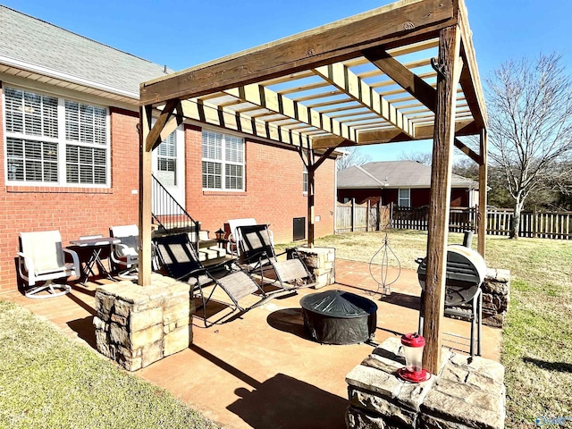 view of patio with an outdoor fire pit and a pergola