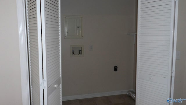 washroom with electric panel, electric dryer hookup, and washer hookup