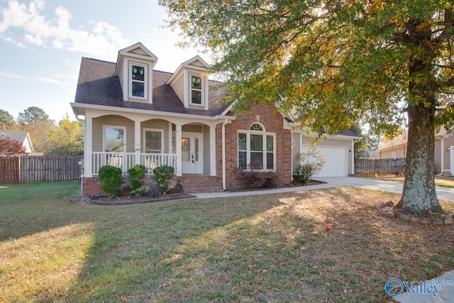 cape cod-style house with a front lawn, a garage, and a porch