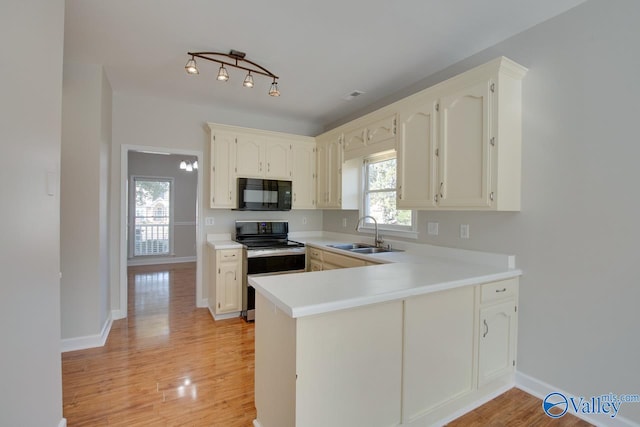 kitchen with stainless steel electric stove, light hardwood / wood-style floors, sink, and kitchen peninsula