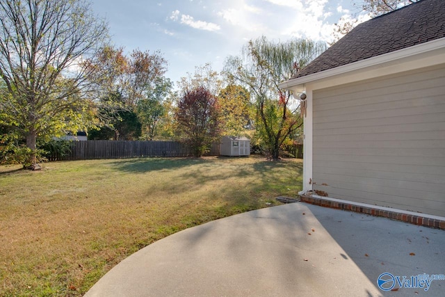 view of yard featuring a patio and a storage shed