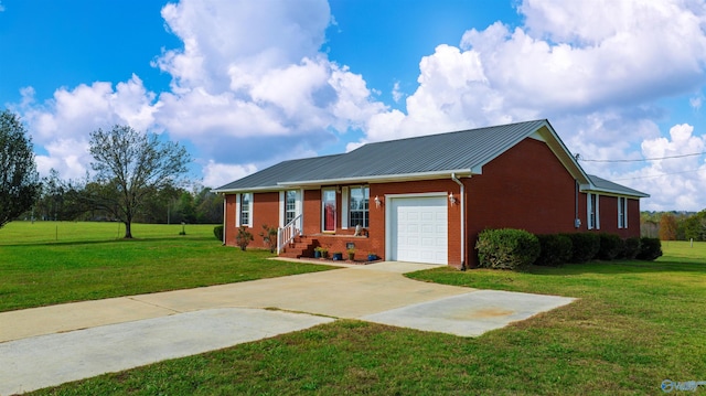 single story home with a garage and a front yard