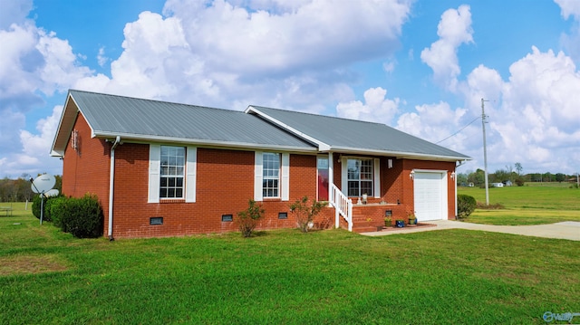 ranch-style home featuring a front yard and a garage