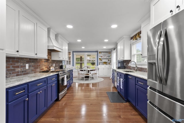 855 Haynes Rd NE, Arab, AL 35016 - kitchen with stainless steel appliances, blue cabinetry, custom exhaust hood, a sink, and white cabinets