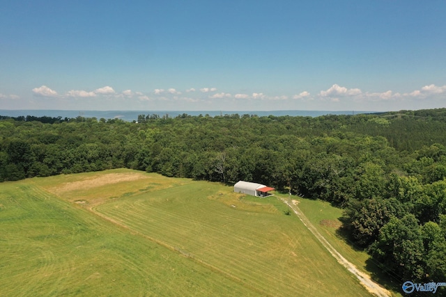 birds eye view of property featuring a water view and a wooded view