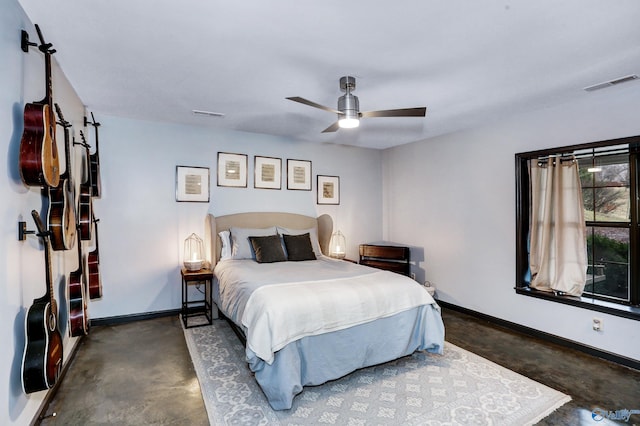 bedroom featuring concrete flooring and ceiling fan