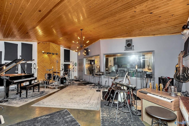 living room featuring a chandelier, wooden ceiling, lofted ceiling, and concrete floors