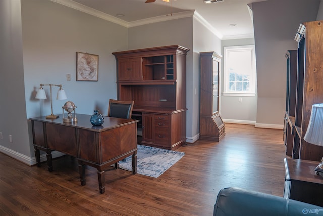 office with ornamental molding, wood-type flooring, and ceiling fan