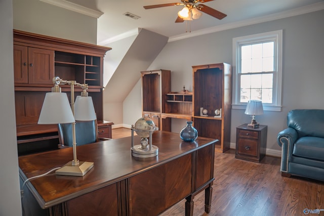 office area with dark hardwood / wood-style floors, ceiling fan, and ornamental molding