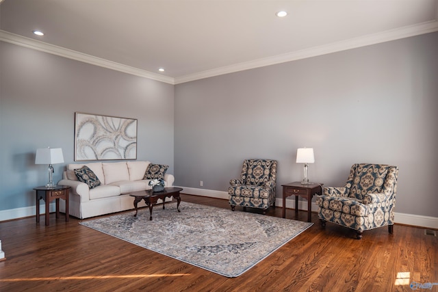 living room with ornamental molding and dark hardwood / wood-style floors