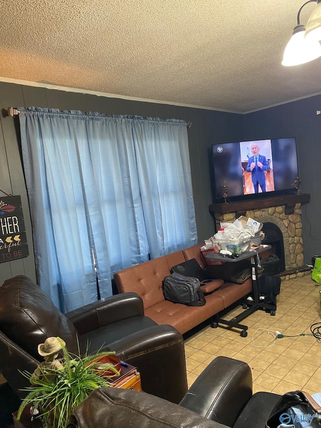 121 County Road 575, Rogersville, AL 35652 - living area featuring a textured ceiling, crown molding, and a stone fireplace