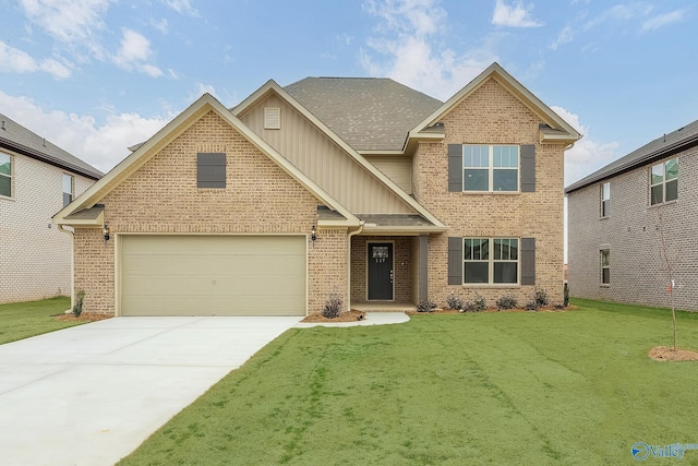 view of front facade with a garage, driveway, a front lawn, board and batten siding, and brick siding